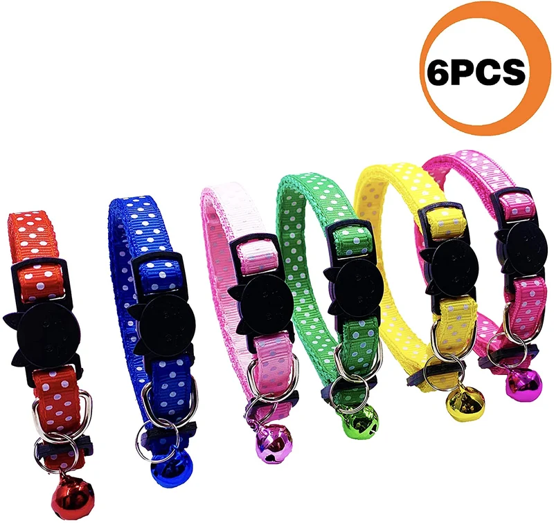 PACCOMFET 6 piezas de collares de gato rompedor ajustable colorido nailon seguridad mascota collar impreso punto de onda con campanas