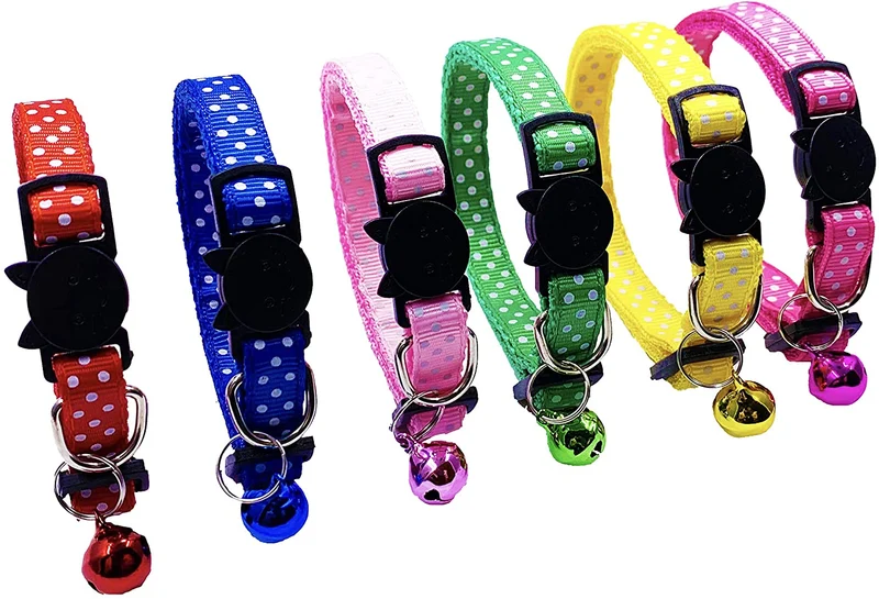 PACCOMFET 6 piezas de collares de gato rompedor ajustable colorido nailon seguridad mascota collar impreso punto de onda con campanas