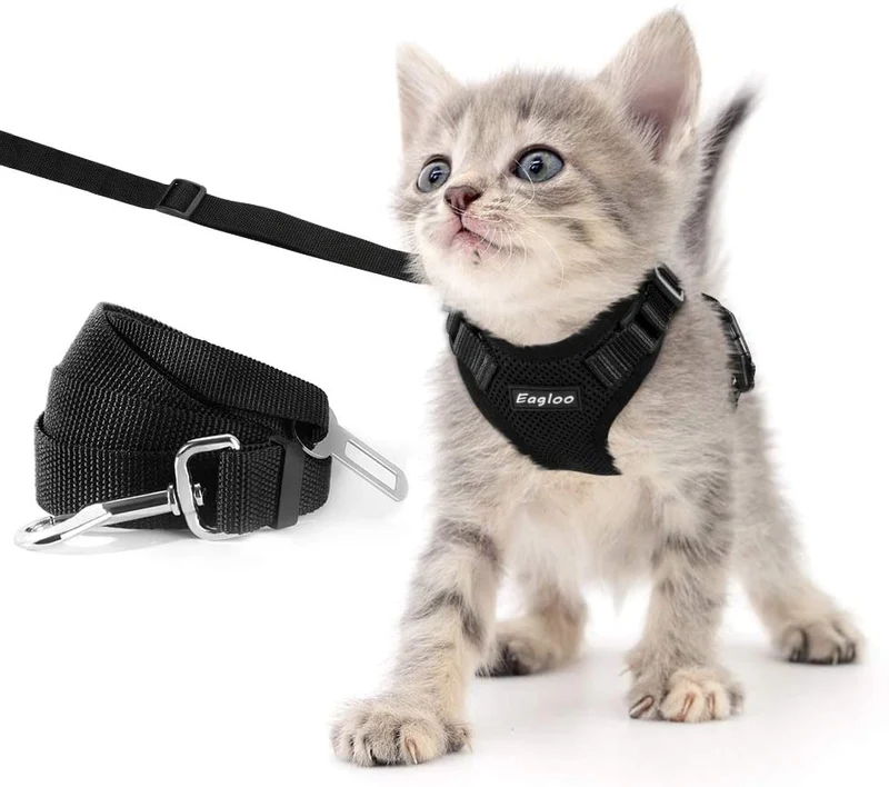 Eagloo - Juego de arnés y correa para gato, a prueba de escape, con correa 2 en 1 y cinturón de seguridad para coche, arnés ajustable para gatos, chaleco de malla suave con correa reflectante para gatito, conejo, cachorro