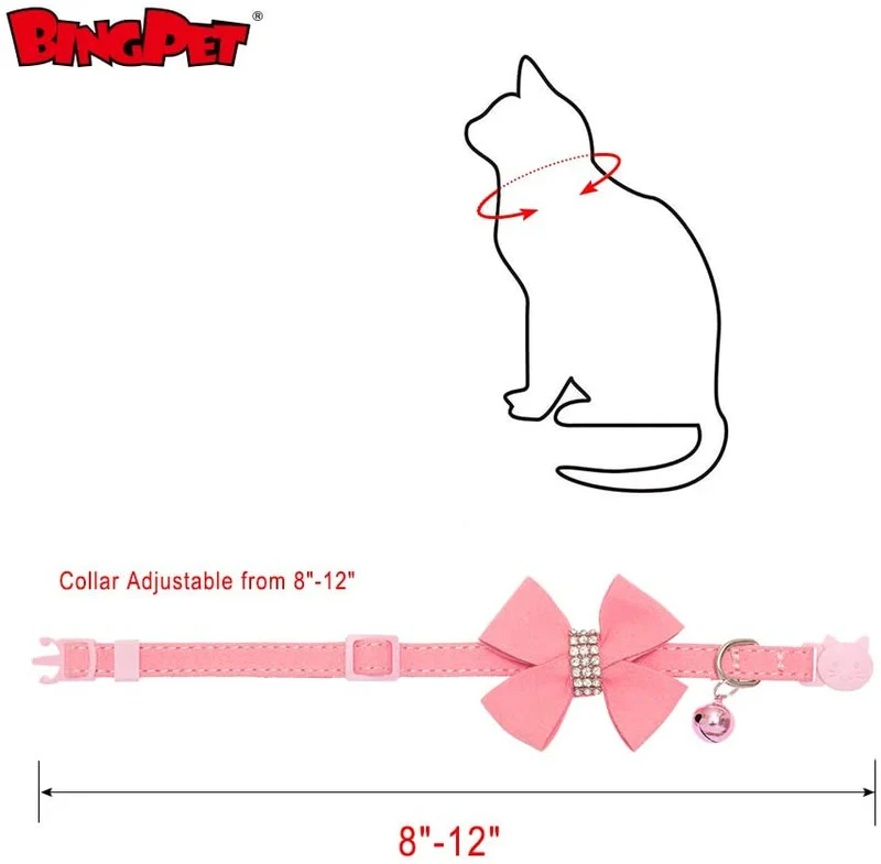 BINGPET Collar para gato con pajarita de campana, hebilla de seguridad ajustable, diamante de imitación de terciopelo, 2 unidades, rosa y negro