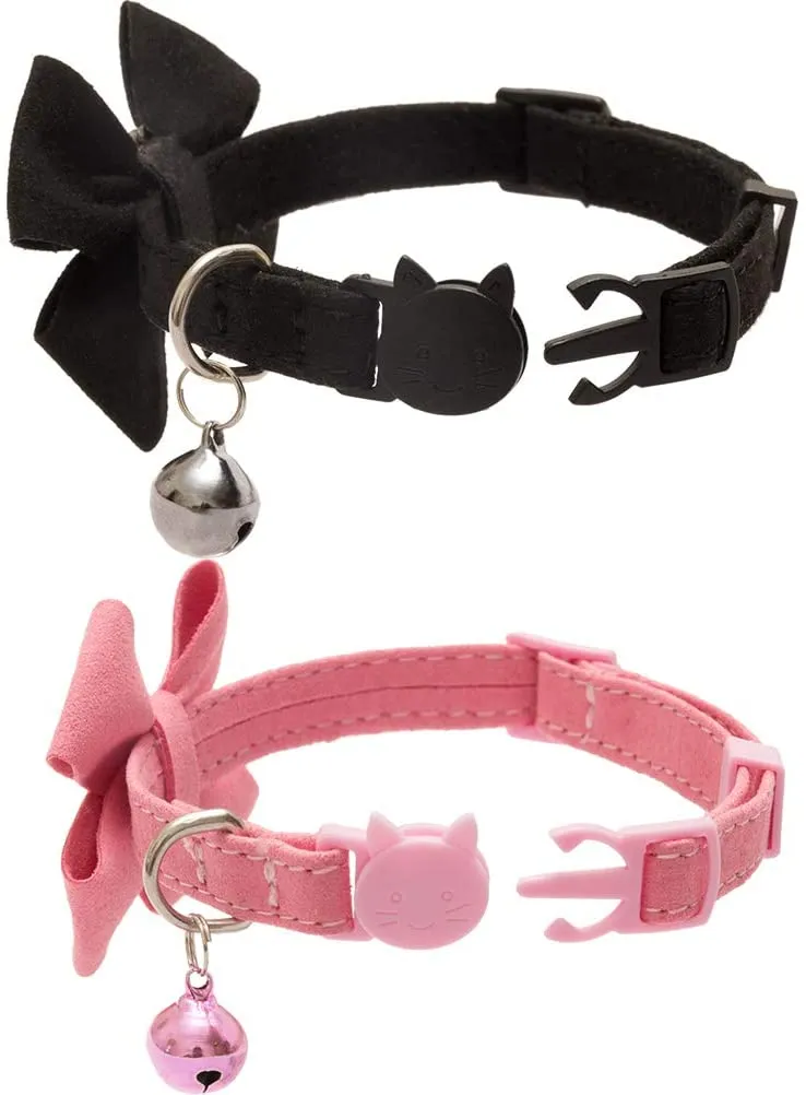 BINGPET Collar para gato con pajarita de campana, hebilla de seguridad ajustable, diamante de imitación de terciopelo, 2 unidades, rosa y negro