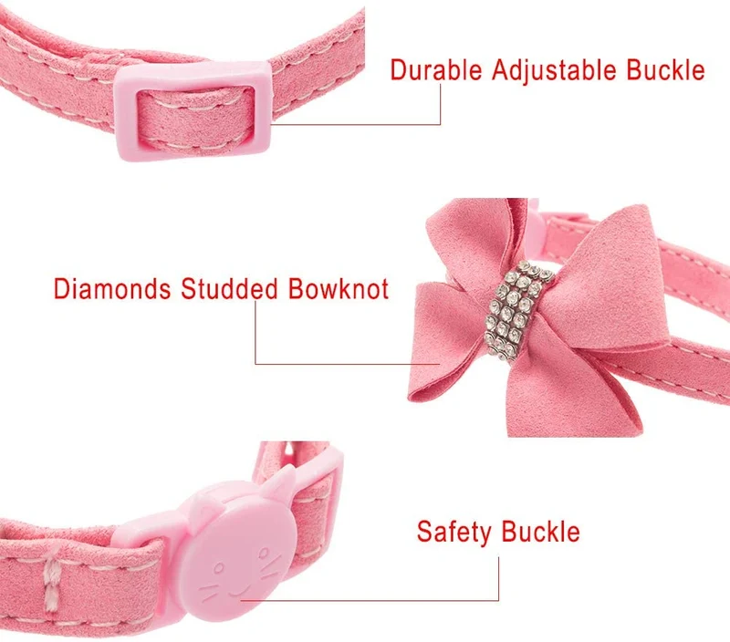 BINGPET Collar para gato con pajarita de campana, hebilla de seguridad ajustable, diamante de imitación de terciopelo, 2 unidades, rosa y negro