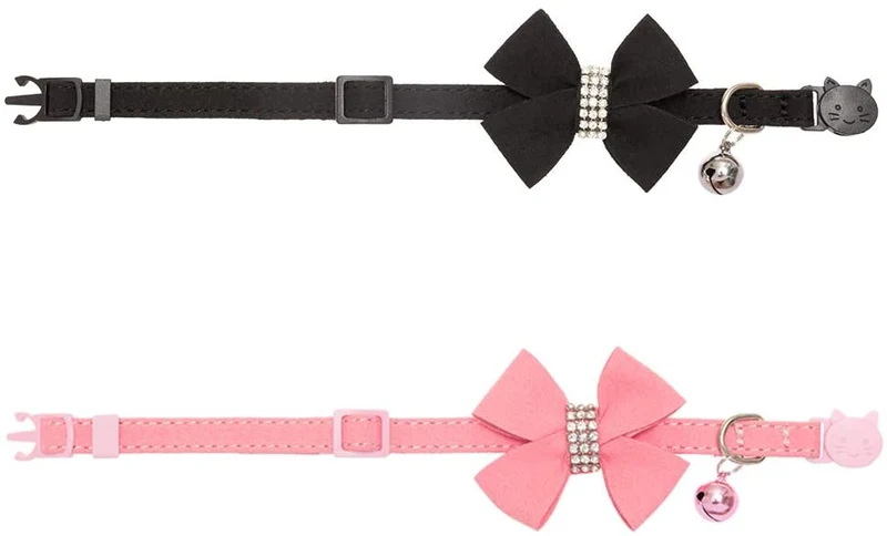 BINGPET Collar para gato con pajarita de campana, hebilla de seguridad ajustable, diamante de imitación de terciopelo, 2 unidades, rosa y negro