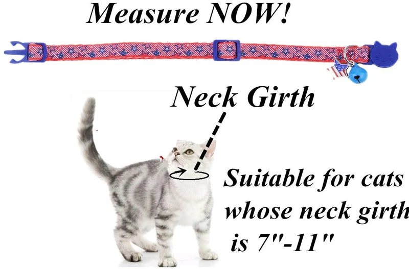 BoomBone Collar de gato patriótico con colgante de campana y bandera americana, collares para cachorros pequeños