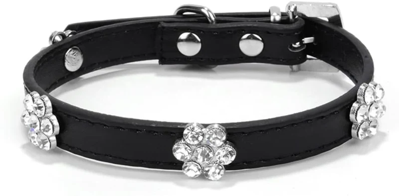 aolove Moda Rhinestones Diamante Flor Ajustable Piel Sintética mascota collares para gatos cachorro perros pequeños