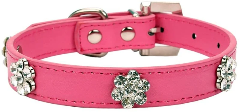 aolove Moda Rhinestones Diamante Flor Ajustable Piel Sintética mascota collares para gatos cachorro perros pequeños