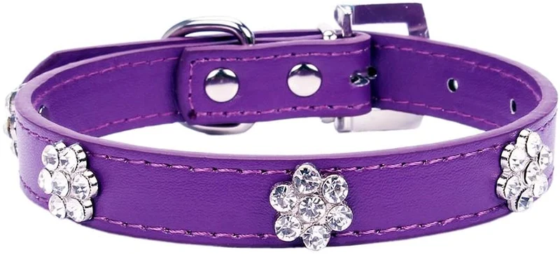 aolove Moda Rhinestones Diamante Flor Ajustable Piel Sintética mascota collares para gatos cachorro perros pequeños