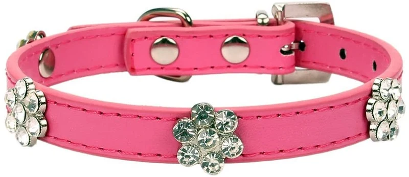 aolove Moda Rhinestones Diamante Flor Ajustable Piel Sintética mascota collares para gatos cachorro perros pequeños