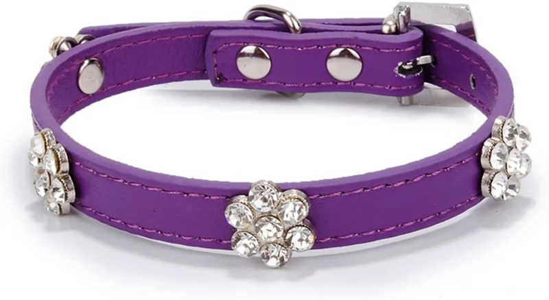 aolove Moda Rhinestones Diamante Flor Ajustable Piel Sintética mascota collares para gatos cachorro perros pequeños