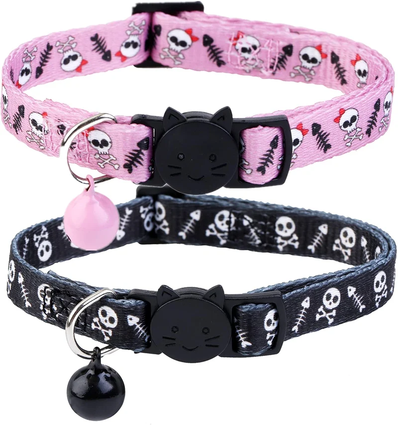 BoomBone - Collar para gato, diseño de calavera, con campana, paquete de 2 collares seguros para cachorros de Halloween
