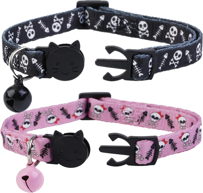 BoomBone - Collar para gato, diseño de calavera, con campana, paquete de 2 collares seguros para cachorros de Halloween
