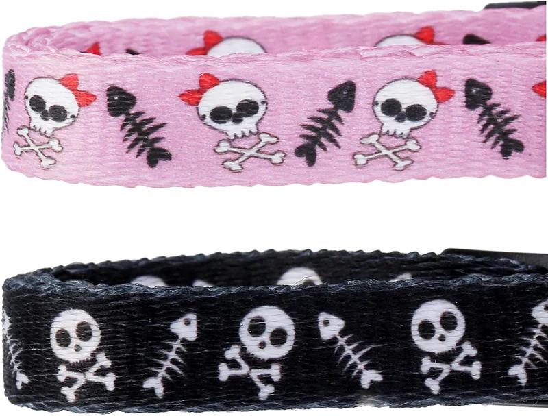 BoomBone - Collar para gato, diseño de calavera, con campana, paquete de 2 collares seguros para cachorros de Halloween