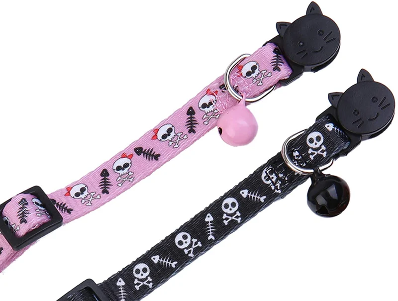 BoomBone - Collar para gato, diseño de calavera, con campana, paquete de 2 collares seguros para cachorros de Halloween