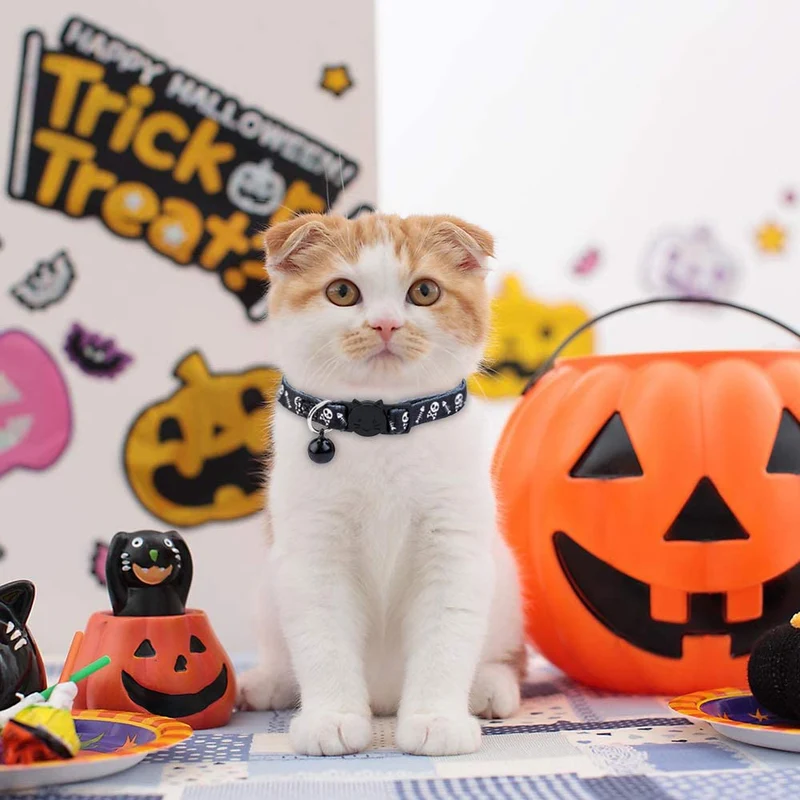 BoomBone - Collar para gato, diseño de calavera, con campana, paquete de 2 collares seguros para cachorros de Halloween