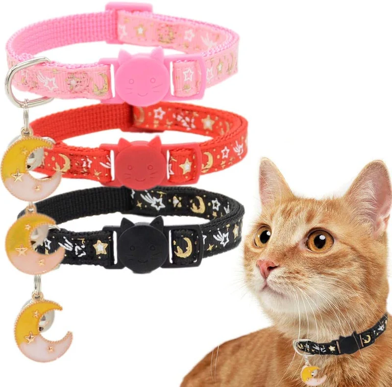 Barleygoo - 3 collares de gato con campanas de luna dorada y estrellas, ajustable de seguridad para cachorros que brillan en la oscuridad con colgante