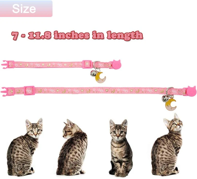 Barleygoo - 3 collares de gato con campanas de luna dorada y estrellas, ajustable de seguridad para cachorros que brillan en la oscuridad con colgante