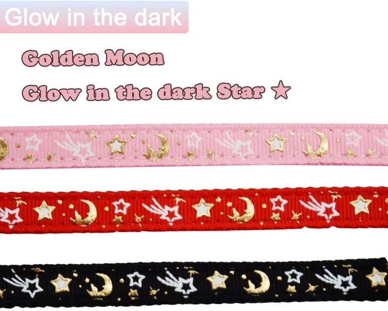 Barleygoo - 3 collares de gato con campanas de luna dorada y estrellas, ajustable de seguridad para cachorros que brillan en la oscuridad con colgante