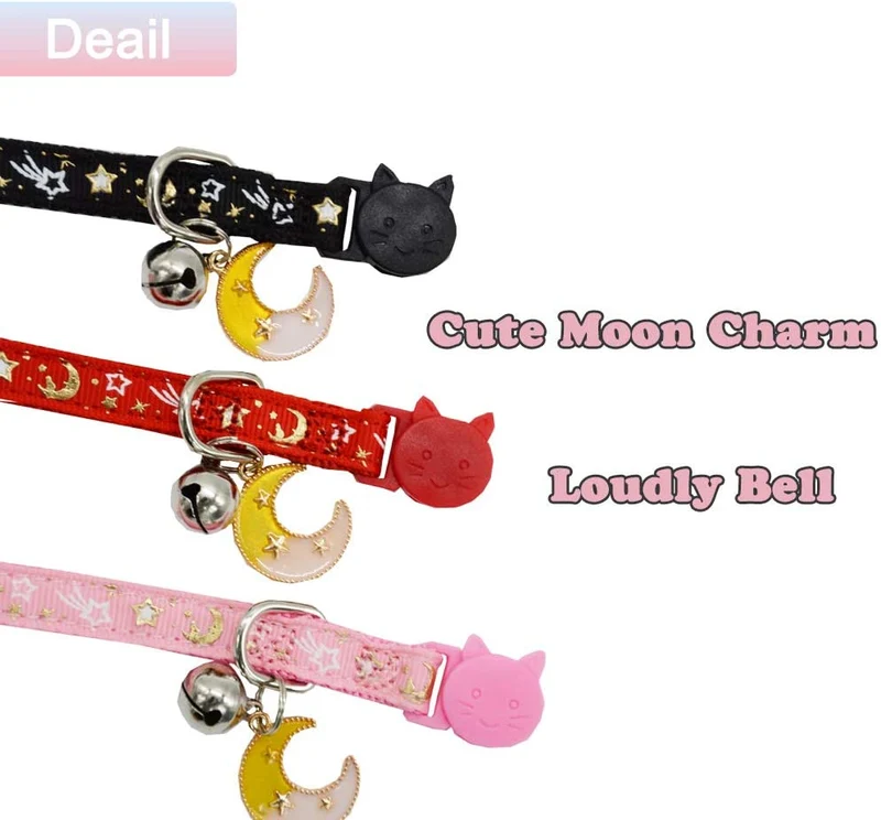 Barleygoo - 3 collares de gato con campanas de luna dorada y estrellas, ajustable de seguridad para cachorros que brillan en la oscuridad con colgante