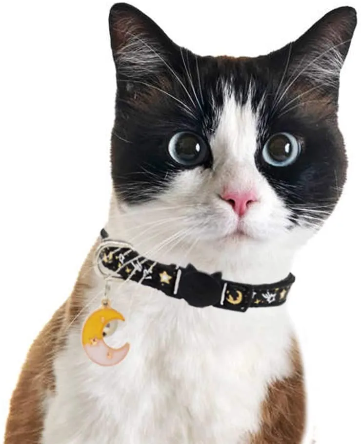 Barleygoo - 3 collares de gato con campanas de luna dorada y estrellas, ajustable de seguridad para cachorros que brillan en la oscuridad con colgante