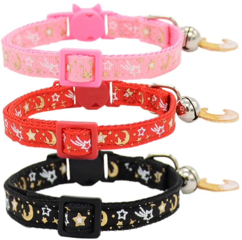 Barleygoo - 3 collares de gato con campanas de luna dorada y estrellas, ajustable de seguridad para cachorros que brillan en la oscuridad con colgante