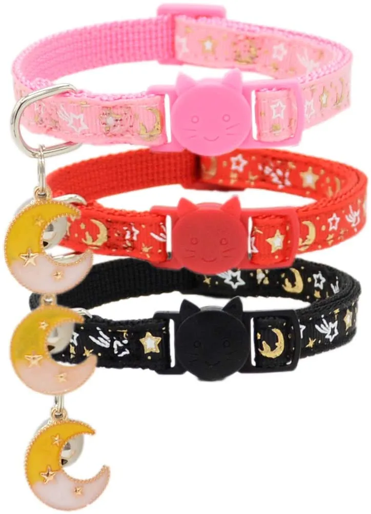 Barleygoo - 3 collares de gato con campanas de luna dorada y estrellas, ajustable de seguridad para cachorros que brillan en la oscuridad con colgante