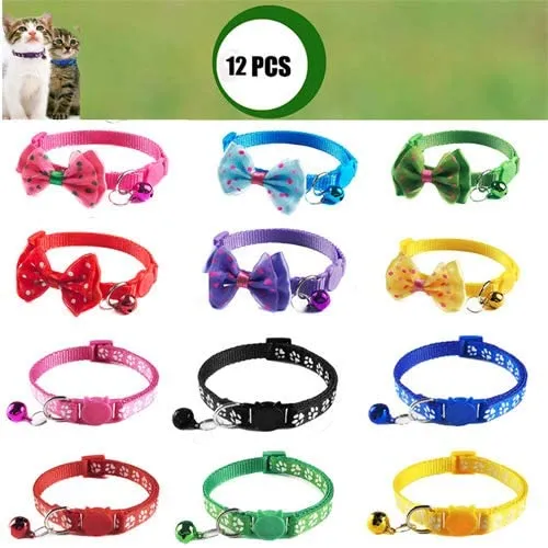 Yasma - Collar para gato con colgante de campana, 12 unidades, diseño de pajarita, de nailon, colores variados