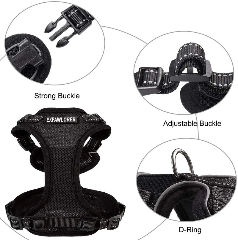 EXPAWLORER Arnés para gato a prueba de escape, ajustable, ligero, cómodo, transpirable, chaleco de malla con correa reflectante negra para gatos y cachorros adultos