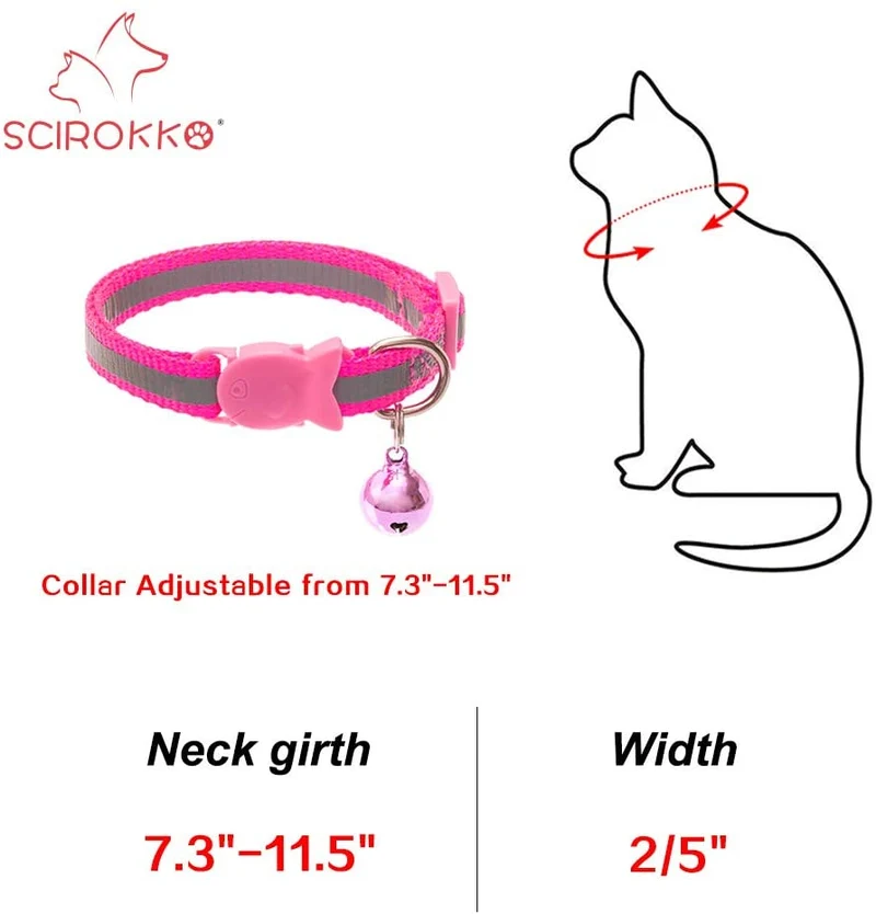 SCIROKKO - 6 collares reflectantes para gato con campana – diseño de hebilla de pescado ajustable y collar para gatito y cachorro