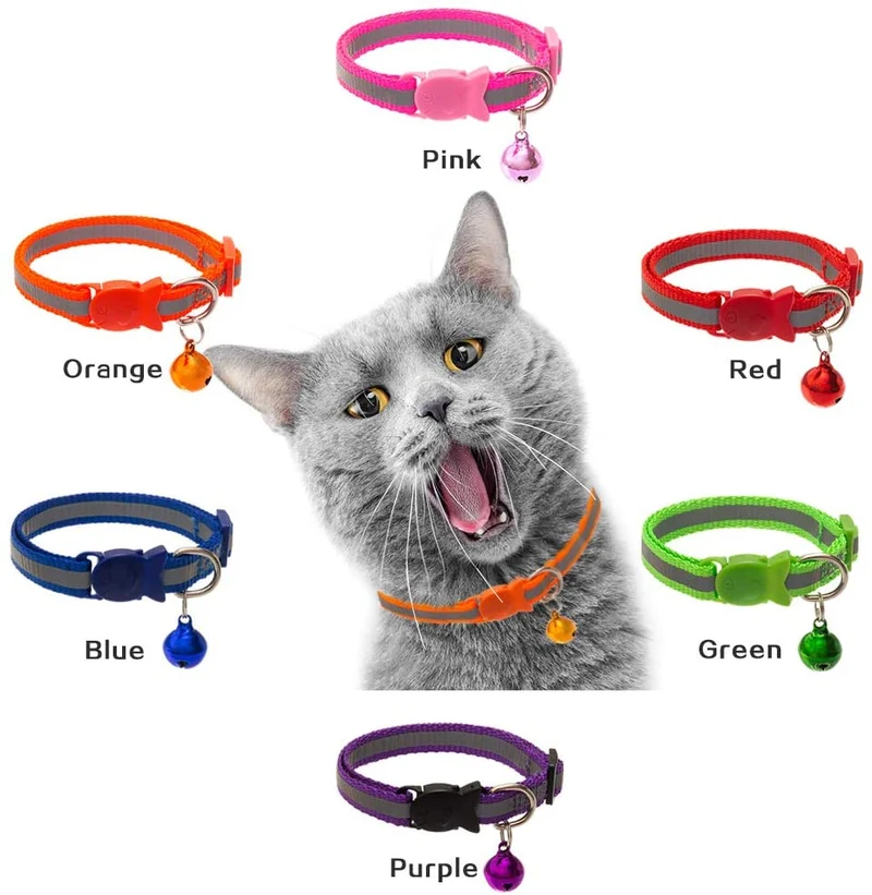 SCIROKKO - 6 collares reflectantes para gato con campana – diseño de hebilla de pescado ajustable y collar para gatito y cachorro