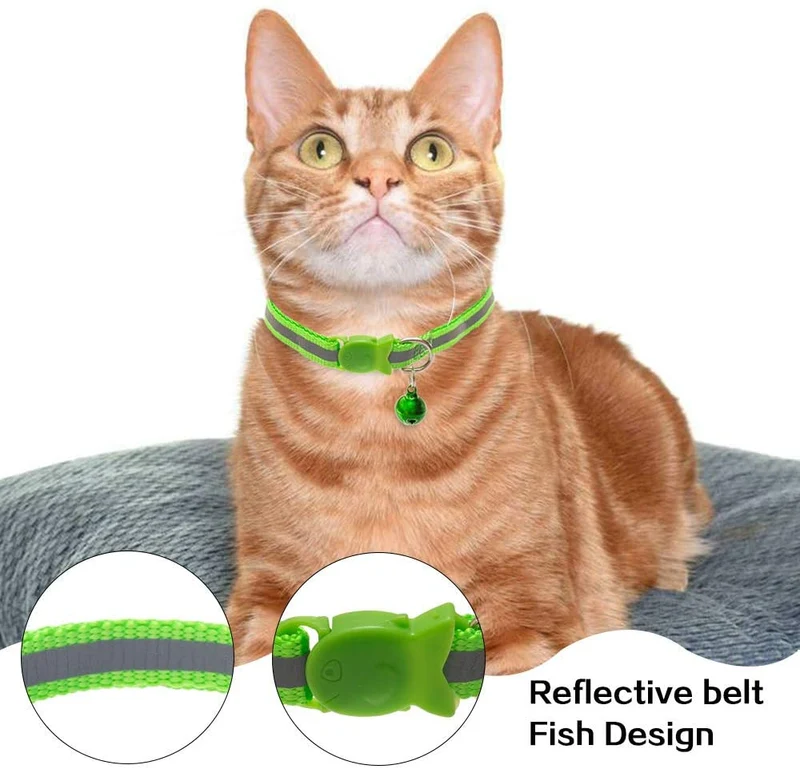 SCIROKKO - 6 collares reflectantes para gato con campana – diseño de hebilla de pescado ajustable y collar para gatito y cachorro