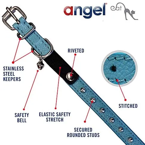 Collar de gato de liberación de seguridad de cuero genuino | acero inoxidable y hebilla ajustable | collar de gatito duradero | liberación elástica | disponible en varios colores y tamaños | Angel Pet Suministros