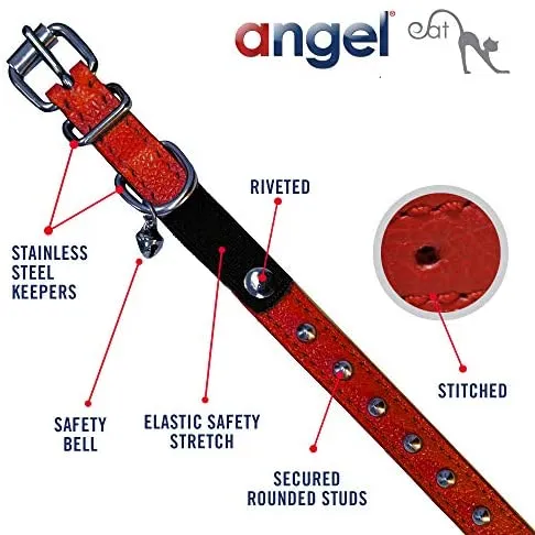 Collar de gato de liberación de seguridad de cuero genuino | acero inoxidable y hebilla ajustable | collar de gatito duradero | liberación elástica | disponible en varios colores y tamaños | Angel Pet Suministros