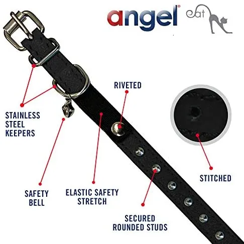 Collar de gato de liberación de seguridad de cuero genuino | acero inoxidable y hebilla ajustable | collar de gatito duradero | liberación elástica | disponible en varios colores y tamaños | Angel Pet Suministros