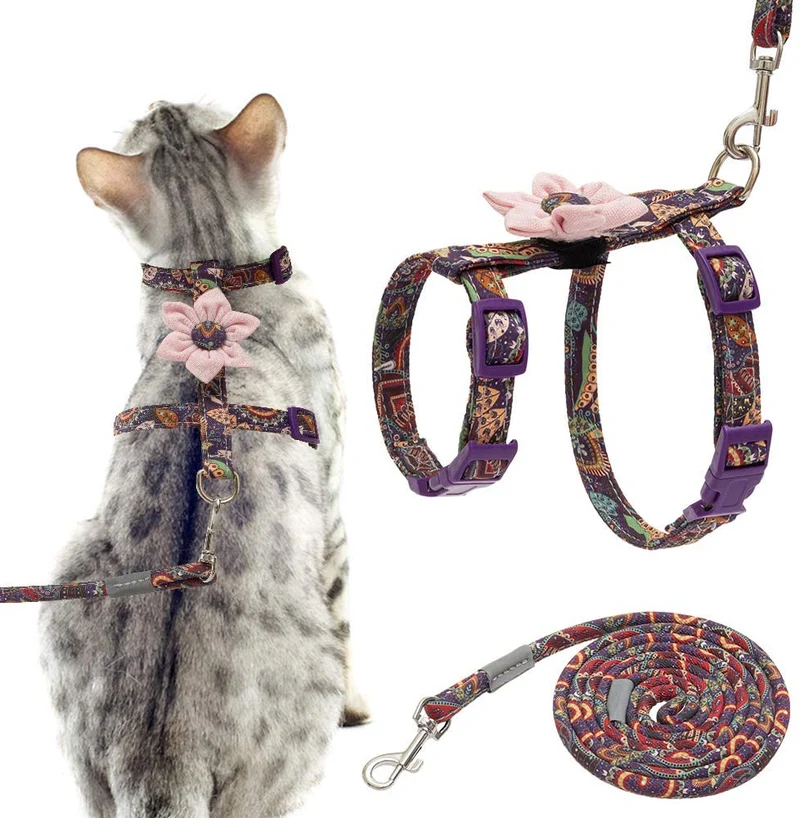 EXPAWLORER - Arnés con correa para gato a prueba de fugas, con diseño de cachemira rosa desmontable, arnés de estilo H para caminar, color morado
