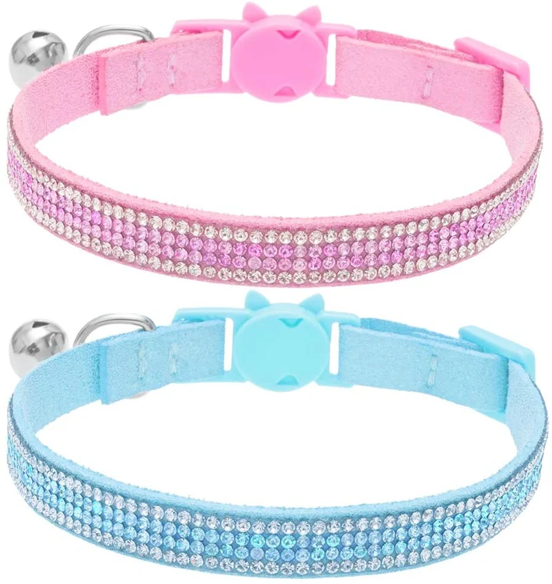 OFPUPPY Collar de gato con campana, 2 piezas, collar ajustable seguro para mascota, collar de terciopelo con diamantes de imitación