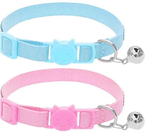OFPUPPY Collar de gato con campana, 2 piezas, collar ajustable seguro para mascota, collar de terciopelo con diamantes de imitación