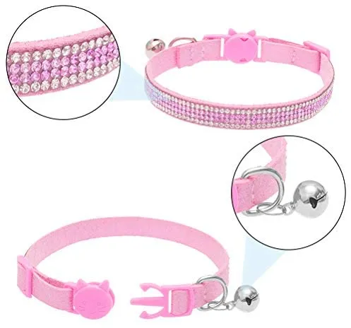 OFPUPPY Collar de gato con campana, 2 piezas, collar ajustable seguro para mascota, collar de terciopelo con diamantes de imitación