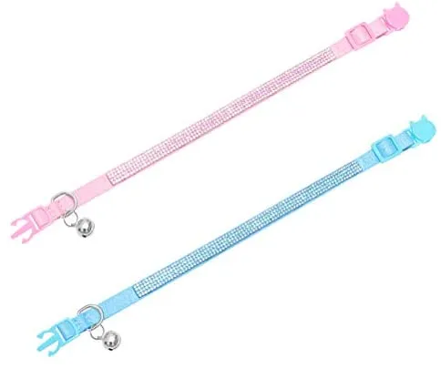 OFPUPPY Collar de gato con campana, 2 piezas, collar ajustable seguro para mascota, collar de terciopelo con diamantes de imitación