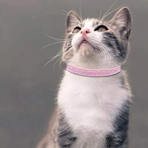 OFPUPPY Collar de gato con campana, 2 piezas, collar ajustable seguro para mascota, collar de terciopelo con diamantes de imitación