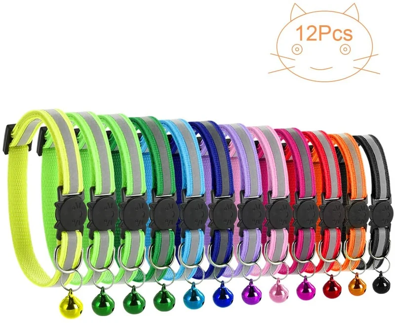Petyoung - Paquete de 12 collares reflectantes para gatos, hebilla de liberación rápida con campana, collar ajustable para gato, 7.5 – 12.6 in