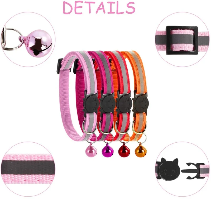 Petyoung - Paquete de 12 collares reflectantes para gatos, hebilla de liberación rápida con campana, collar ajustable para gato, 7.5 – 12.6 in