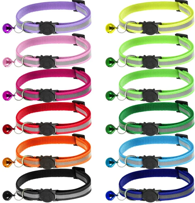 Petyoung - Paquete de 12 collares reflectantes para gatos, hebilla de liberación rápida con campana, collar ajustable para gato, 7.5 – 12.6 in