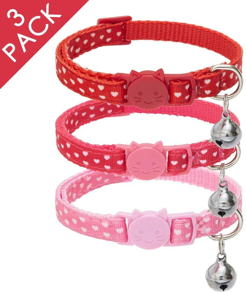 PAWCHIE - Collar para gato con campana, 3 unidades, ajustable, diseño de corazón con flores extraíbles con brillantes brillantes, color rojo, rosa, rojo rosa y rojo