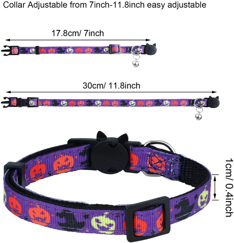 Frienda - 4 collares para gatos de Halloween, ajustables con campana, incluye patrones de calabaza fantasma para Halloween, fiestas, gatos, accesorios de aseo