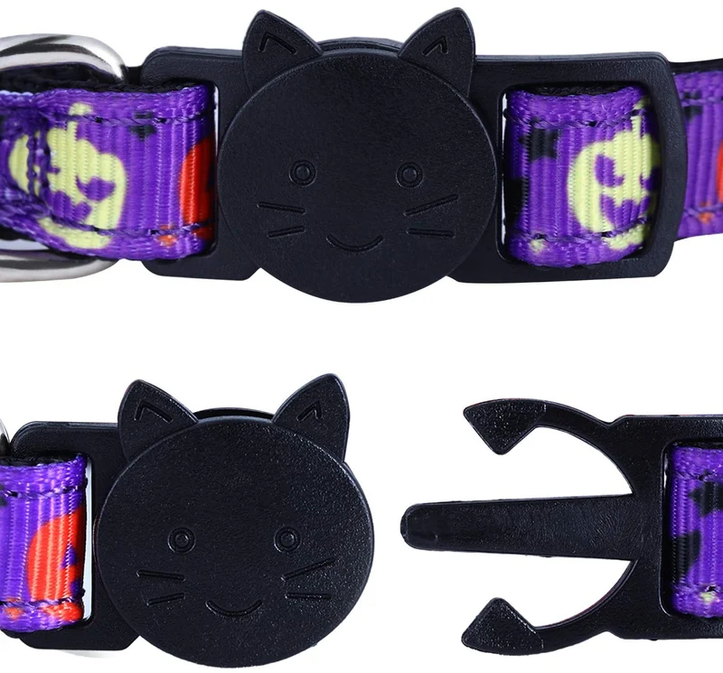 Frienda - 4 collares para gatos de Halloween, ajustables con campana, incluye patrones de calabaza fantasma para Halloween, fiestas, gatos, accesorios de aseo