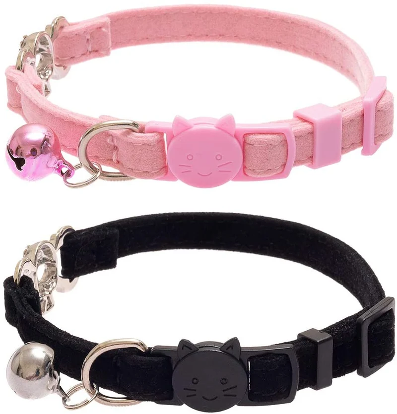 KOOLTAIL - Collar para gato con diseño de calavera con campana, 2 collares para mascotas con hebilla de seguridad, accesorio para gatos, gatitos, color negro y rosa
