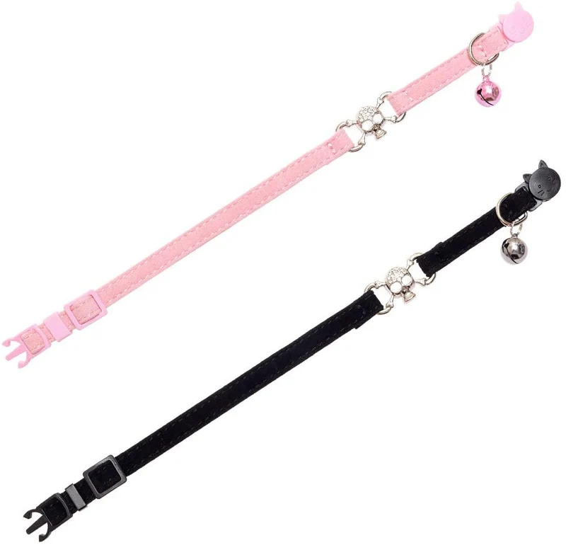KOOLTAIL - Collar para gato con diseño de calavera con campana, 2 collares para mascotas con hebilla de seguridad, accesorio para gatos, gatitos, color negro y rosa