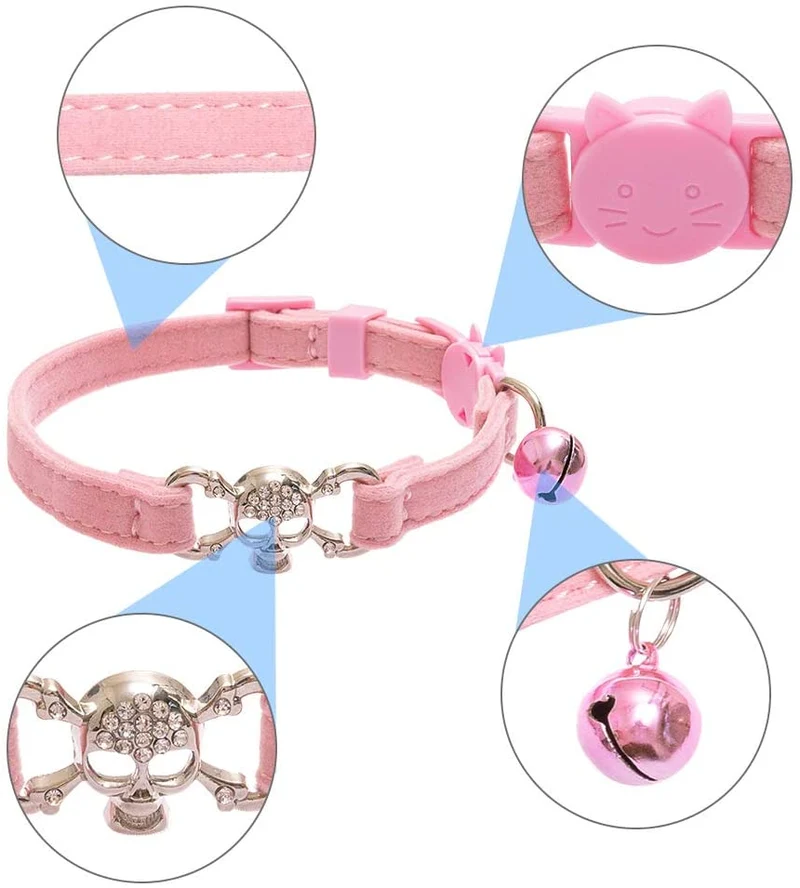 KOOLTAIL - Collar para gato con diseño de calavera con campana, 2 collares para mascotas con hebilla de seguridad, accesorio para gatos, gatitos, color negro y rosa