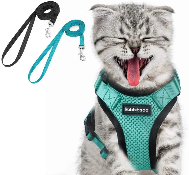 rabbitgoo Cat Harness and Leash Set for Walking, Escape Proof Adjustable Soft Vest for Large Cat Small Pets, Reflective Strip Metal Clip Ring Outdoor Cat Jacket Harness with 2 Long Cat Leashes