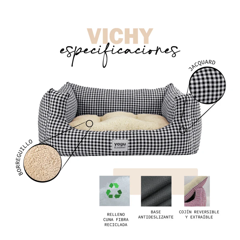 CAMA PERROS CONFORT VICHY NEGRO BORREGUILLO YAGU